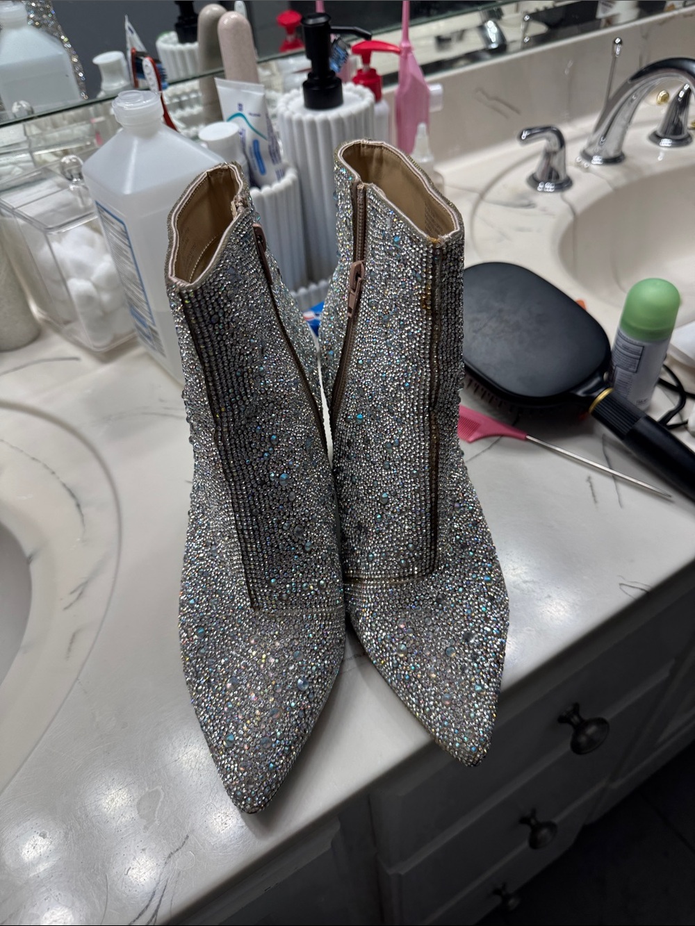 Betsey Johnson Silver Crystal Embellished Pointed Toe Ankle Boots